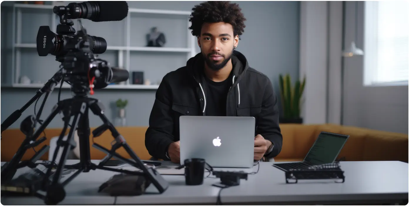 An image featuring a man with brown skin sitting in front of a laptop, looking directly at the camera.